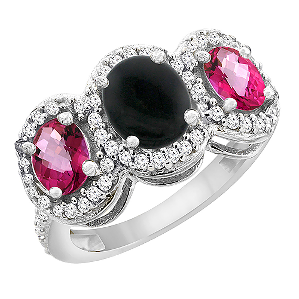 10K White Gold Natural Black Onyx &amp; Pink Topaz 3-Stone Ring Oval Diamond Accent, sizes 5 - 10