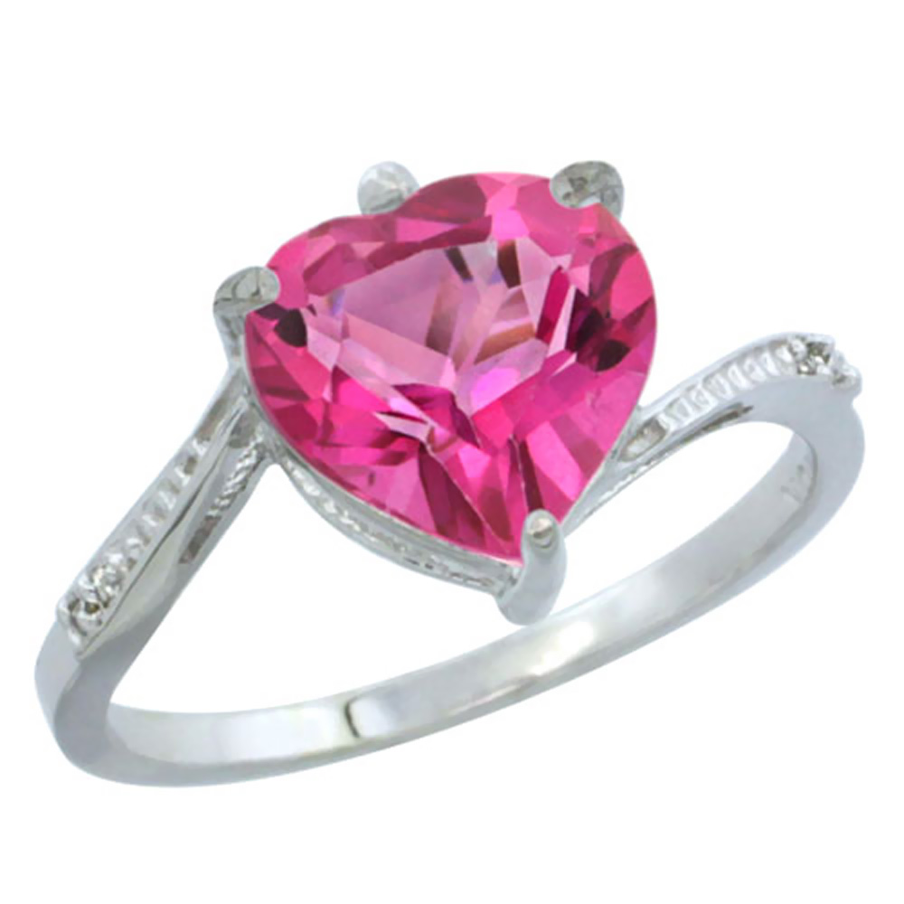 14K White Gold Natural Pink Topaz Ring Heart 9x9mm Diamond Accent, sizes 5-10