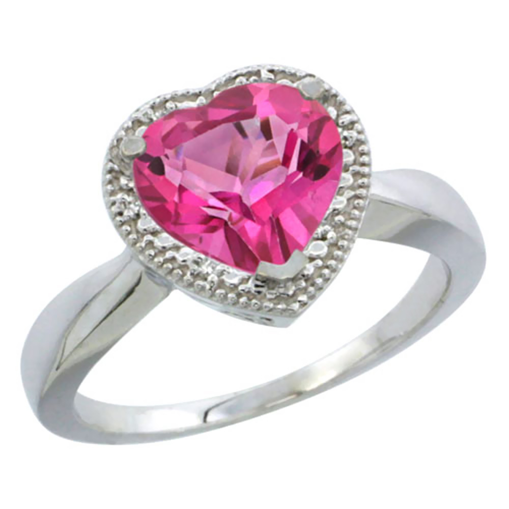 14K White Gold Natural Pink Topaz Ring Heart 8x8mm Diamond Accent, sizes 5-10