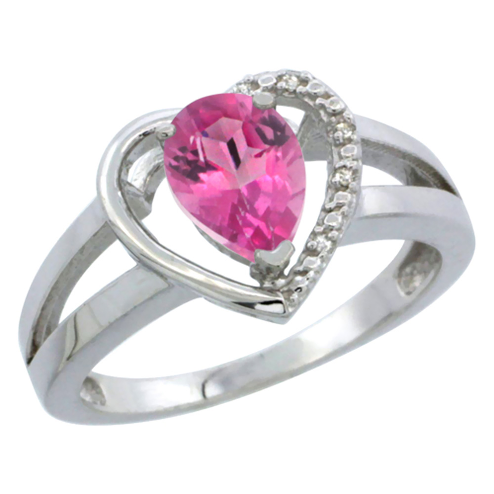 14K White Gold Natural Pink Topaz Heart Ring Pear 7x5 mm Diamond Accent, sizes 5-10