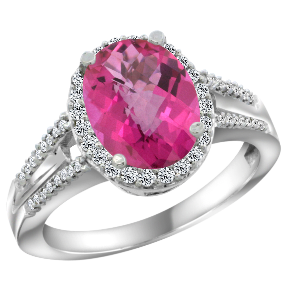 14K White Gold Diamond Natural Pink Topaz Engagement Ring Oval 10x8mm, sizes 5-10