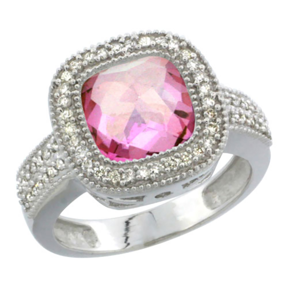 10K White Gold Natural Pink Topaz Ring Cushion-cut 9x9mm Diamond Accent, sizes 5-10