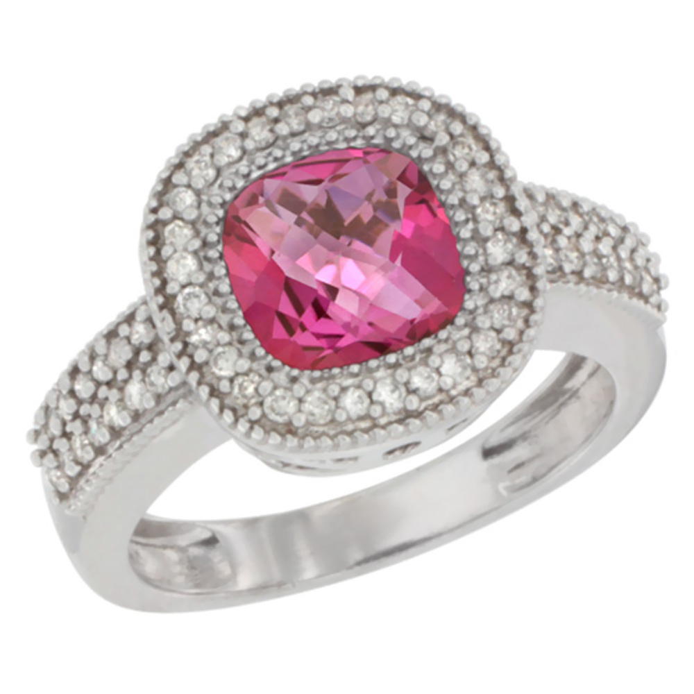 10K White Gold Natural Pink Topaz Ring Cushion-cut 7x7mm Diamond Accent, sizes 5-10