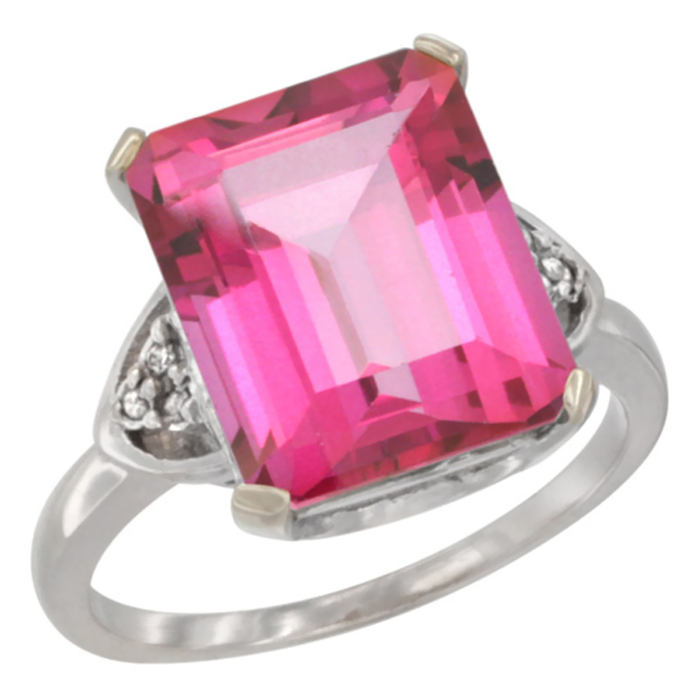 10K White Gold Diamond Natural Pink Topaz Ring Octagon 12x10 mm, sizes 5-10