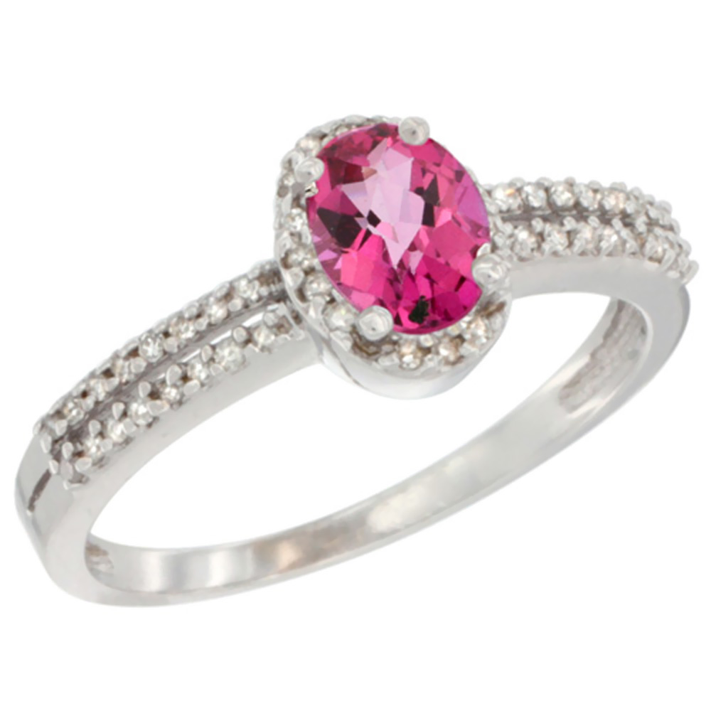 14K White Gold Natural Pink Topaz Ring Oval 6x4mm Diamond Accent, sizes 5-10