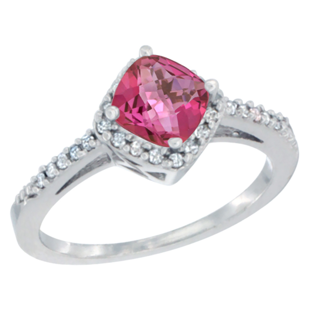 10K White Gold Natural Pink Topaz Ring Cushion-cut 6mm Halo Diamond Accent, sizes 5 - 10