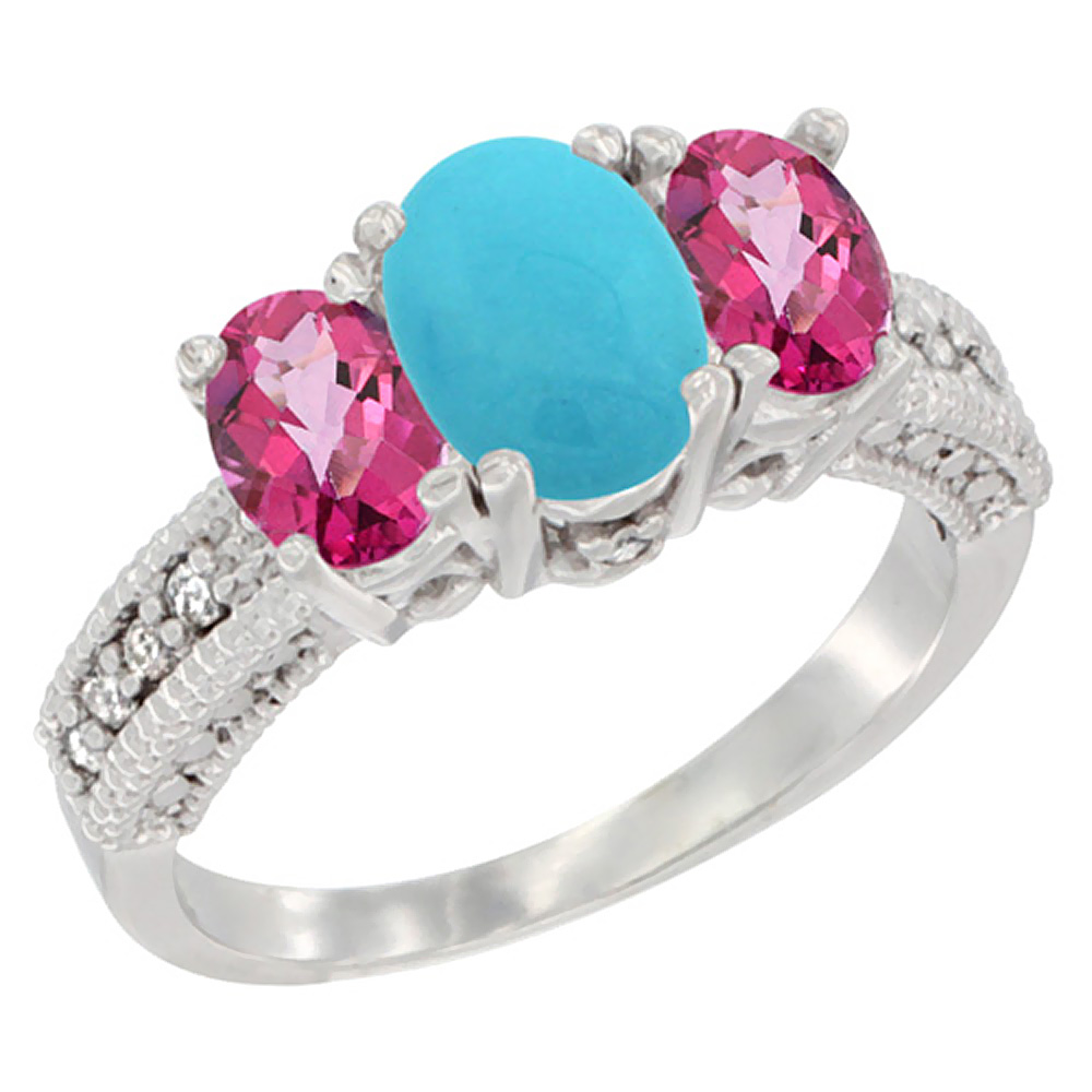 10K White Gold Diamond Natural Turquoise Ring Oval 3-stone with Pink Topaz, sizes 5 - 10