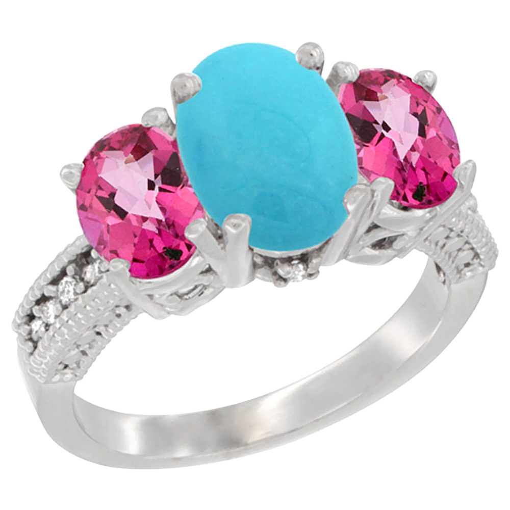 14K White Gold Diamond Natural Turquoise Ring 3-Stone Oval 8x6mm with Pink Topaz, sizes5-10