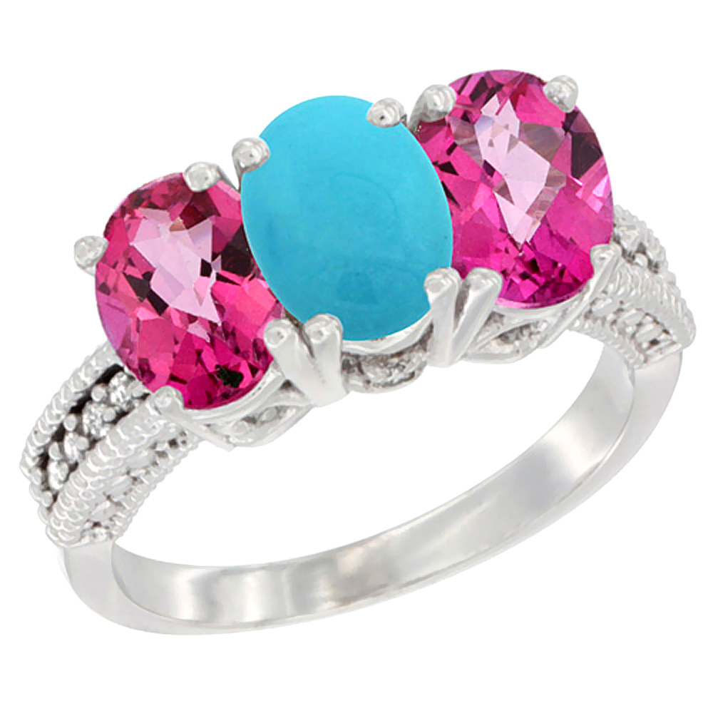 14K White Gold Natural Turquoise &amp; Pink Topaz Ring 3-Stone 7x5 mm Oval Diamond Accent, sizes 5 - 10