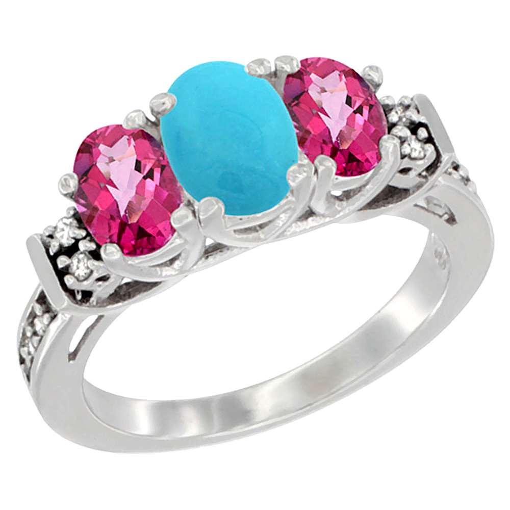 14K White Gold Natural Turquoise & Pink Topaz Ring 3-Stone Oval Diamond Accent, sizes 5-10