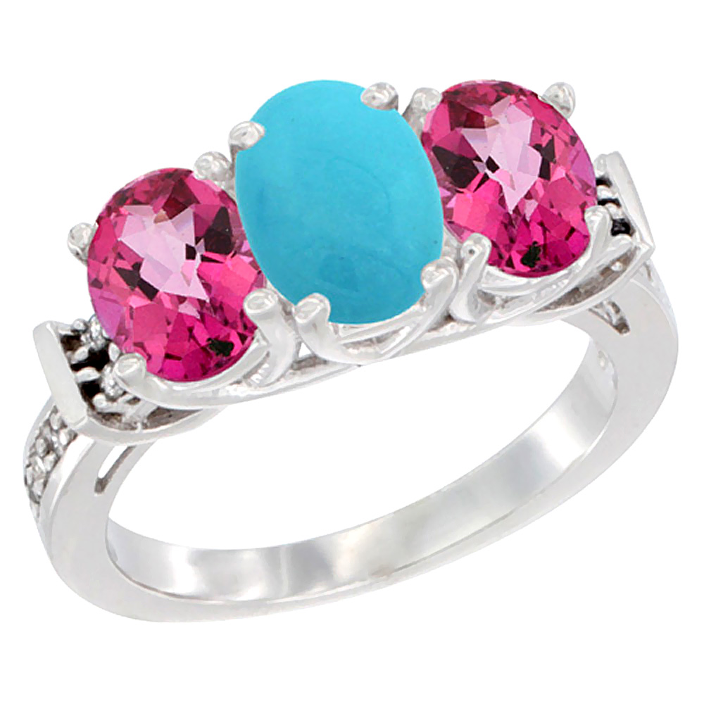 14K White Gold Natural Turquoise &amp; Pink Topaz Sides Ring 3-Stone Oval Diamond Accent, sizes 5 - 10