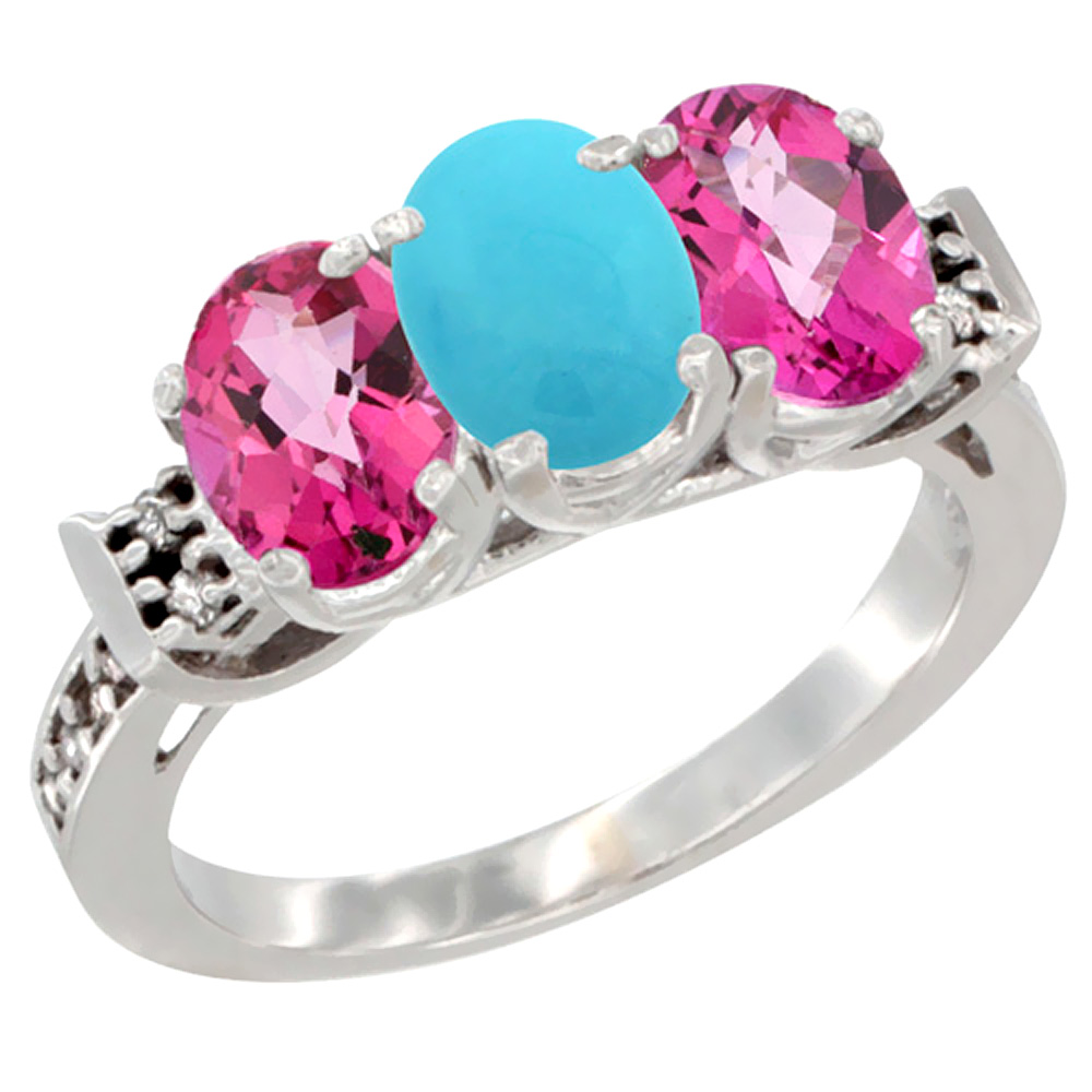 14K White Gold Natural Turquoise &amp; Pink Topaz Sides Ring 3-Stone Oval 7x5 mm Diamond Accent, sizes 5 - 10