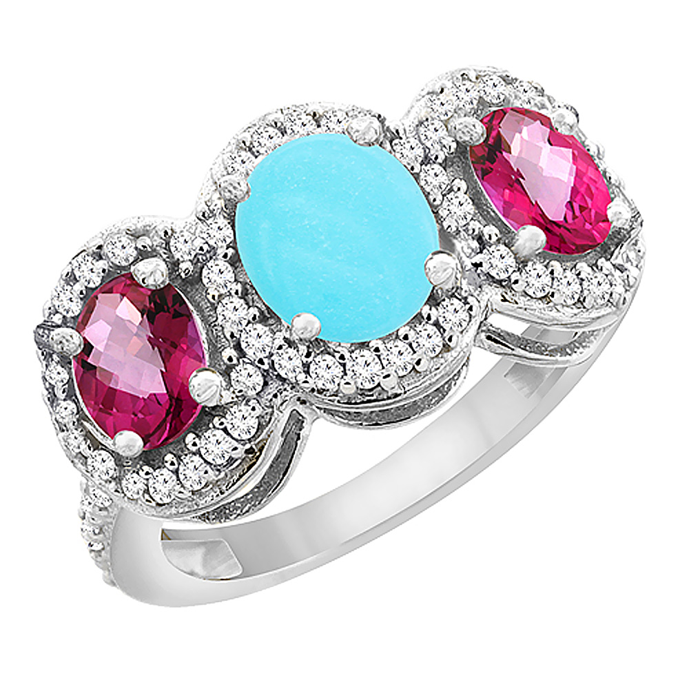 10K White Gold Natural Turquoise & Pink Topaz 3-Stone Ring Oval Diamond Accent, sizes 5 - 10