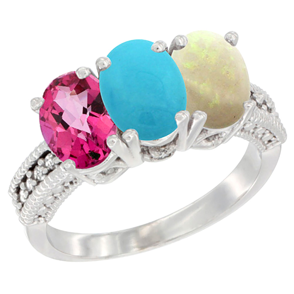 14K White Gold Natural Pink Topaz, Turquoise & Opal Ring 3-Stone 7x5 mm Oval Diamond Accent, sizes 5 - 10