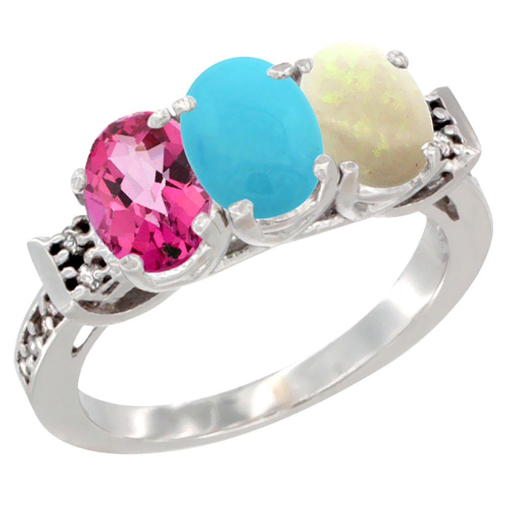 10K White Gold Natural Pink Topaz, Turquoise &amp; Opal Ring 3-Stone Oval 7x5 mm Diamond Accent, sizes 5 - 10