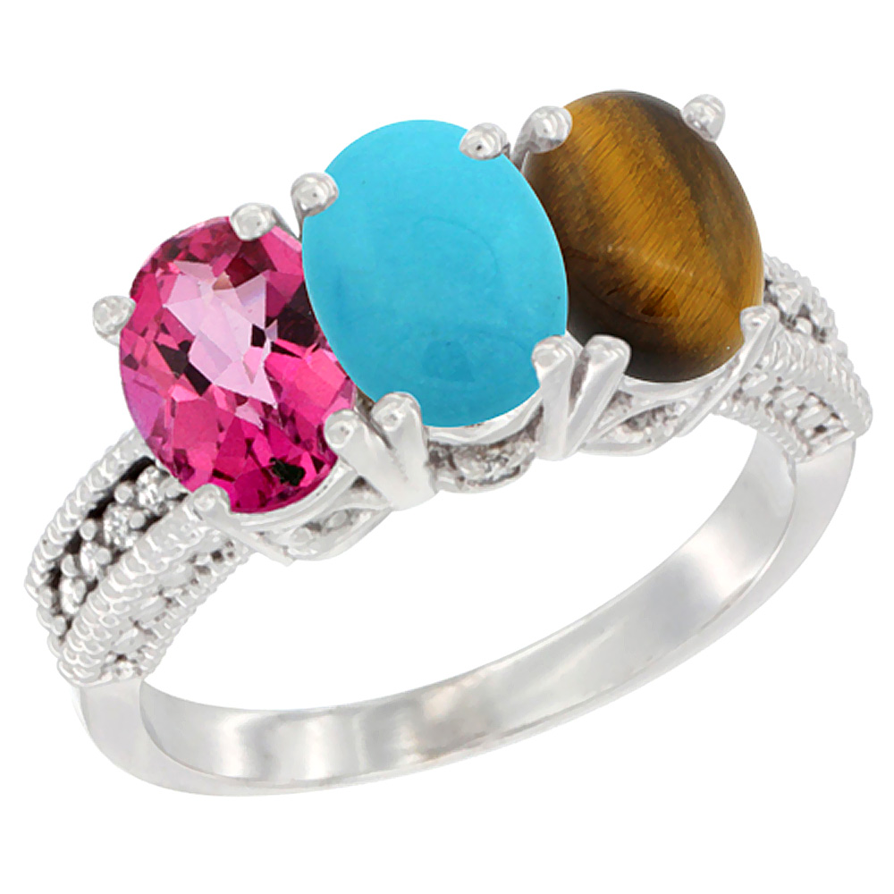 14K White Gold Natural Pink Topaz, Turquoise & Tiger Eye Ring 3-Stone 7x5 mm Oval Diamond Accent, sizes 5 - 10