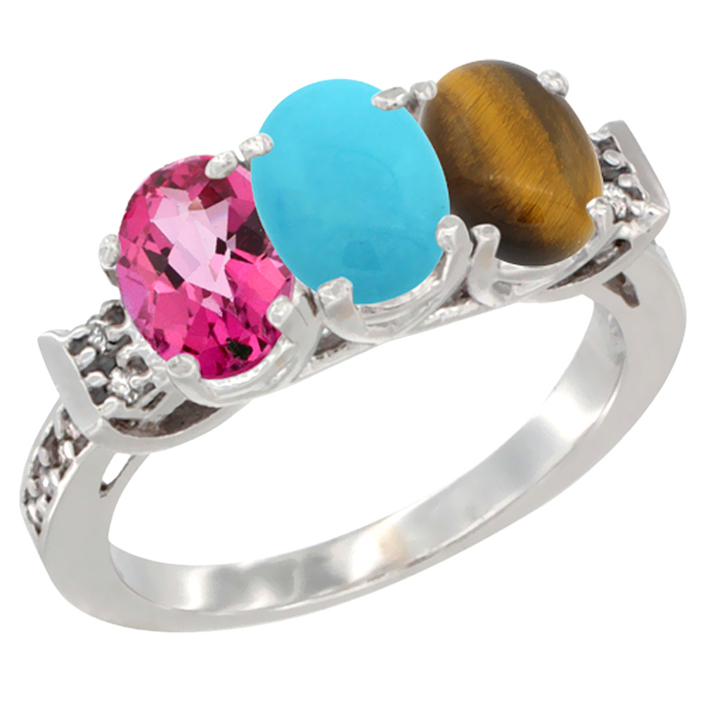10K White Gold Natural Pink Topaz, Turquoise & Tiger Eye Ring 3-Stone Oval 7x5 mm Diamond Accent, sizes 5 - 10