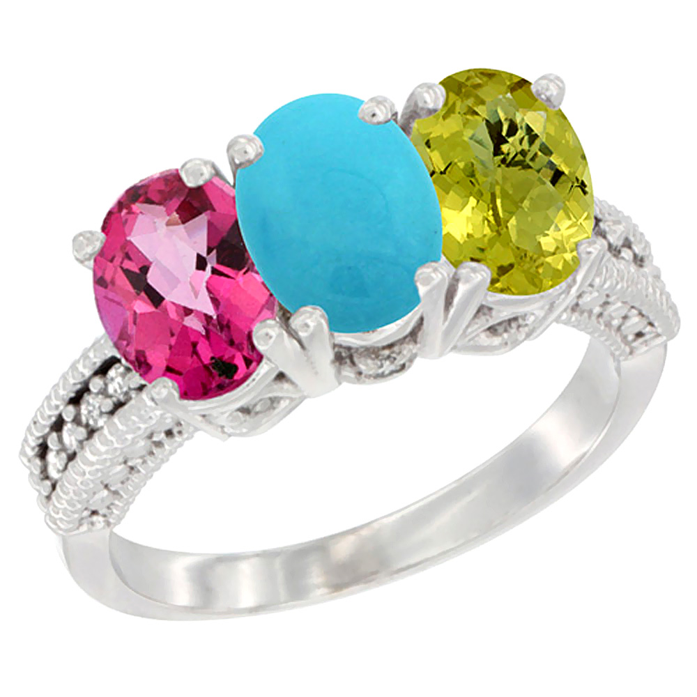14K White Gold Natural Pink Topaz, Turquoise &amp; Lemon Quartz Ring 3-Stone 7x5 mm Oval Diamond Accent, sizes 5 - 10