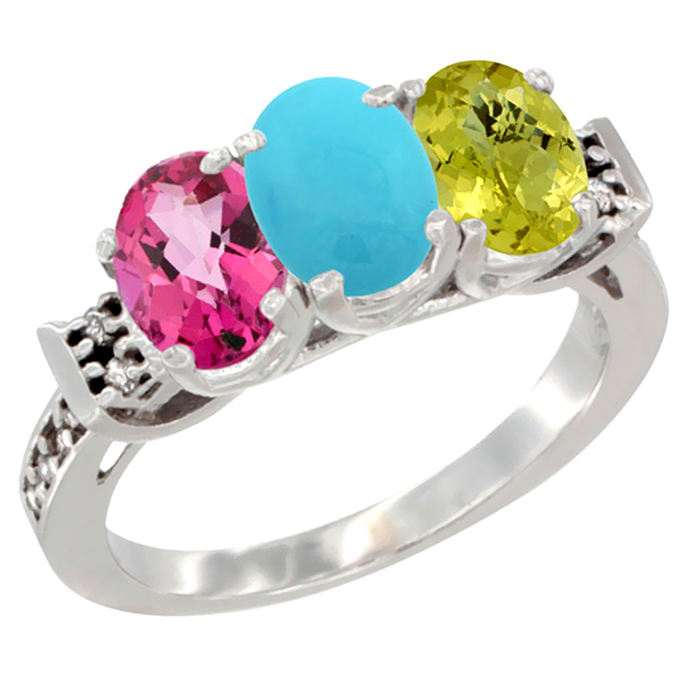 10K White Gold Natural Pink Topaz, Turquoise & Lemon Quartz Ring 3-Stone Oval 7x5 mm Diamond Accent, sizes 5 - 10