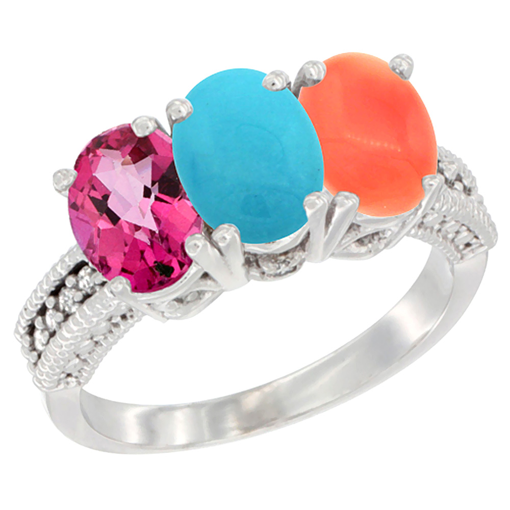 14K White Gold Natural Pink Topaz, Turquoise & Coral Ring 3-Stone 7x5 mm Oval Diamond Accent, sizes 5 - 10