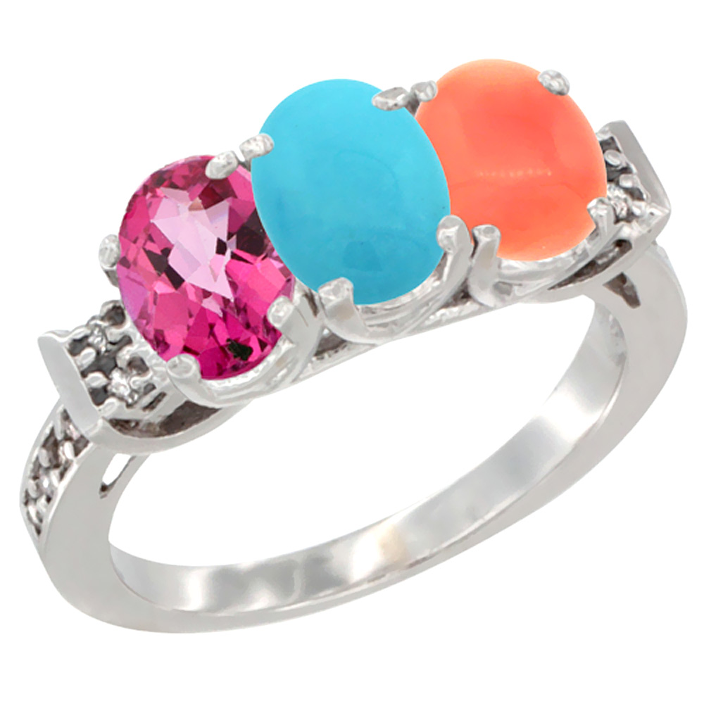 14K White Gold Natural Pink Topaz, Turquoise & Coral Ring 3-Stone Oval 7x5 mm Diamond Accent, sizes 5 - 10