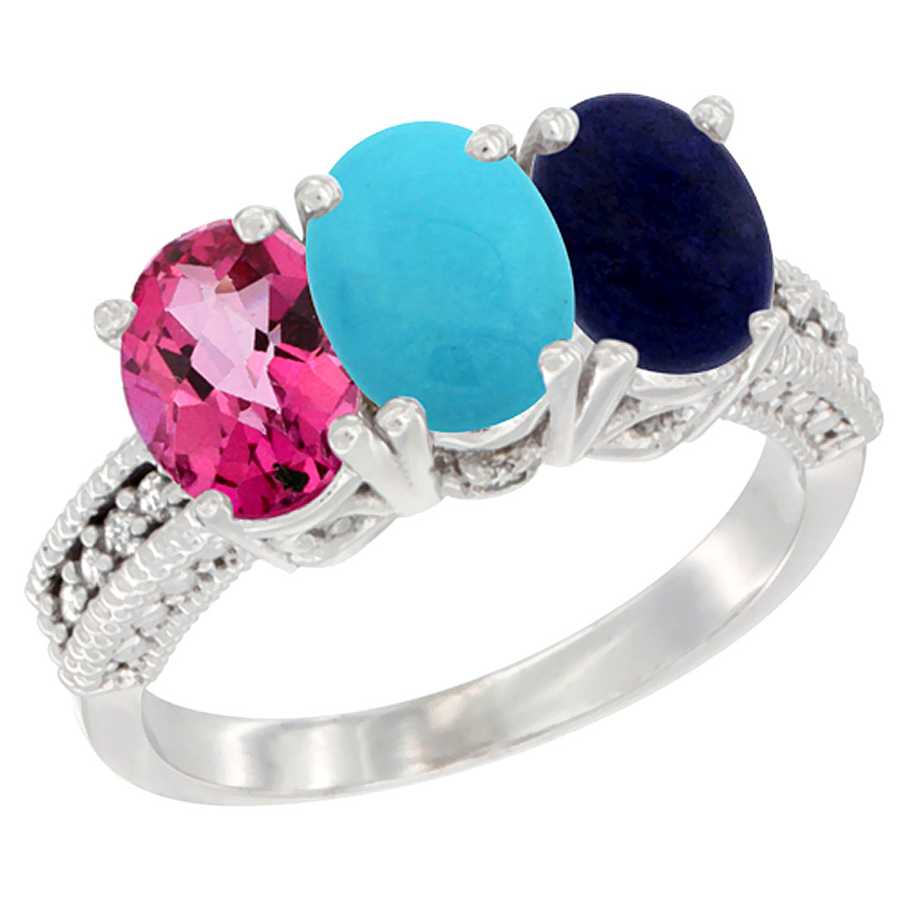 10K White Gold Natural Pink Topaz, Turquoise &amp; Lapis Ring 3-Stone Oval 7x5 mm Diamond Accent, sizes 5 - 10