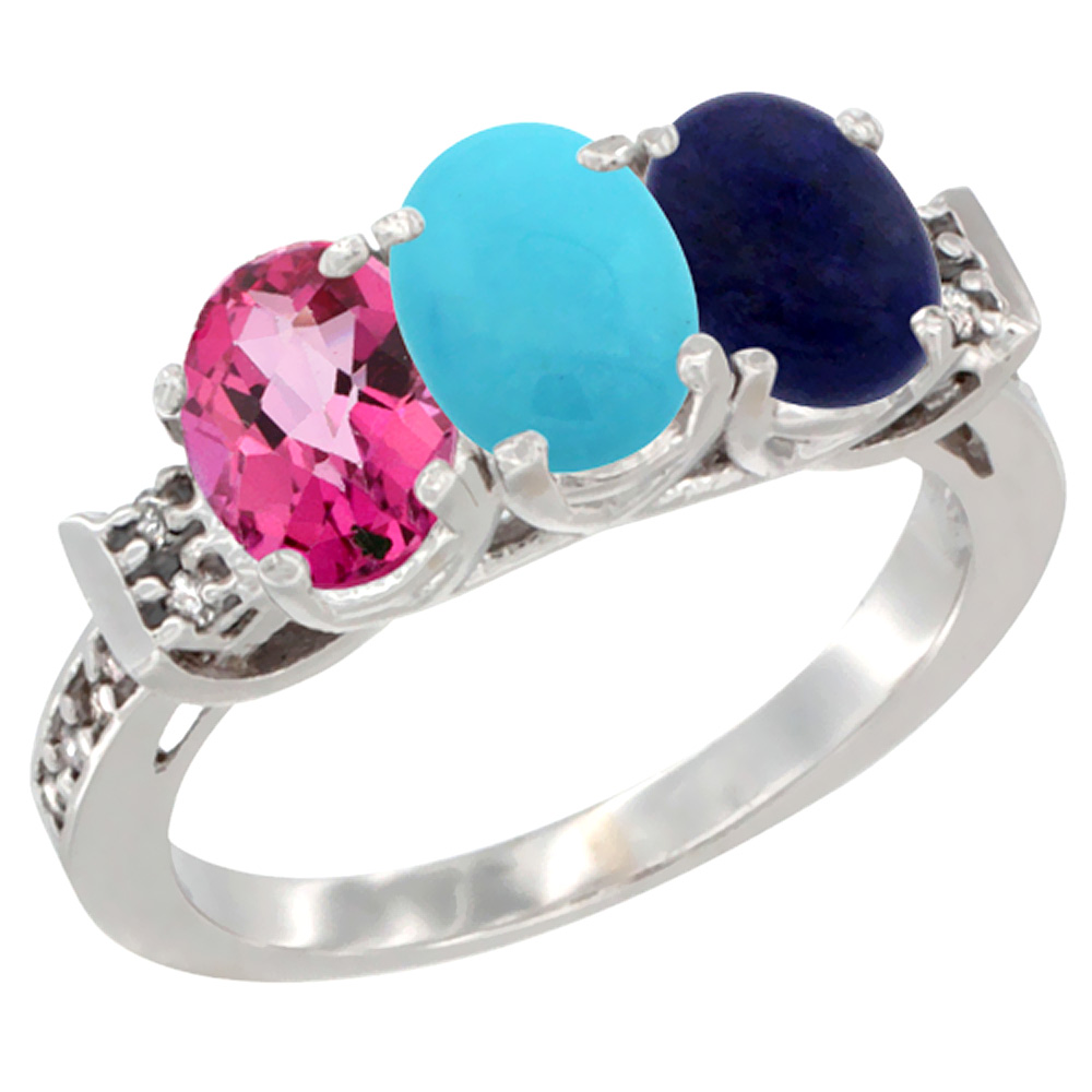 14K White Gold Natural Pink Topaz, Turquoise &amp; Lapis Ring 3-Stone Oval 7x5 mm Diamond Accent, sizes 5 - 10