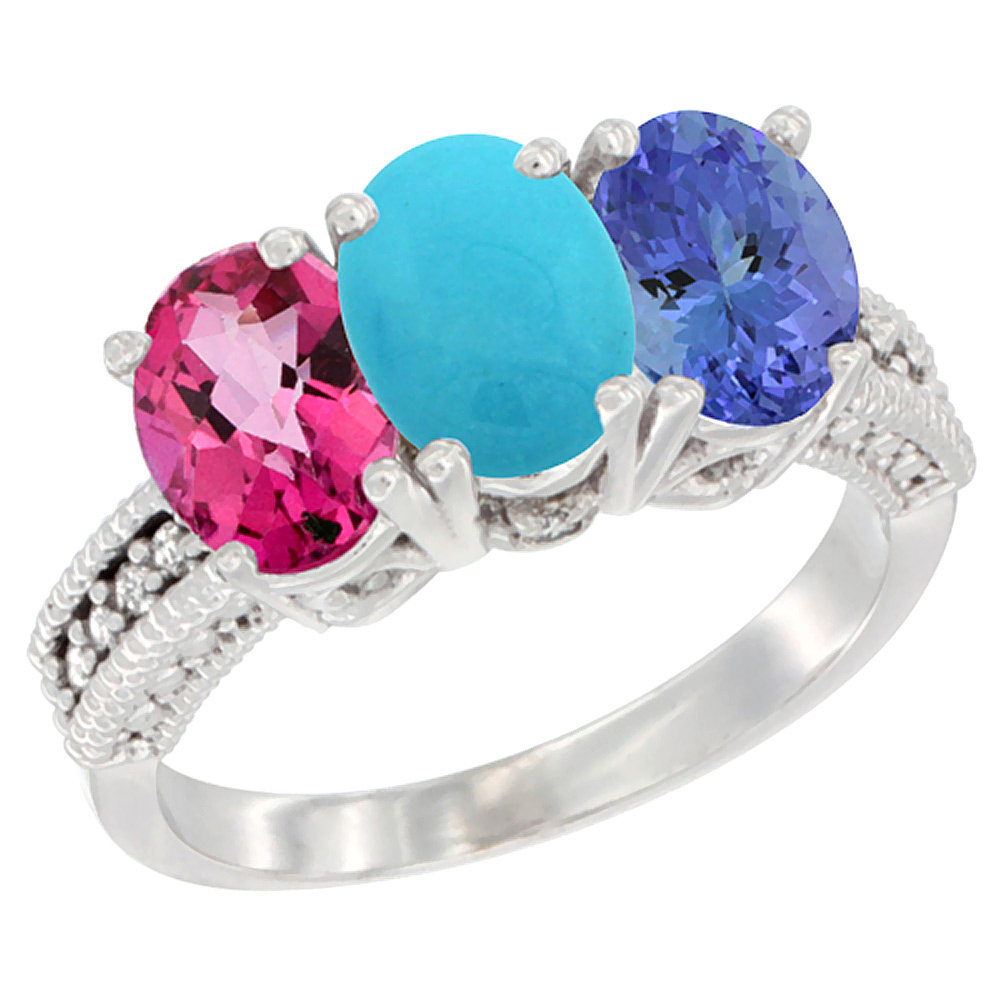 14K White Gold Natural Pink Topaz, Turquoise &amp; Tanzanite Ring 3-Stone 7x5 mm Oval Diamond Accent, sizes 5 - 10