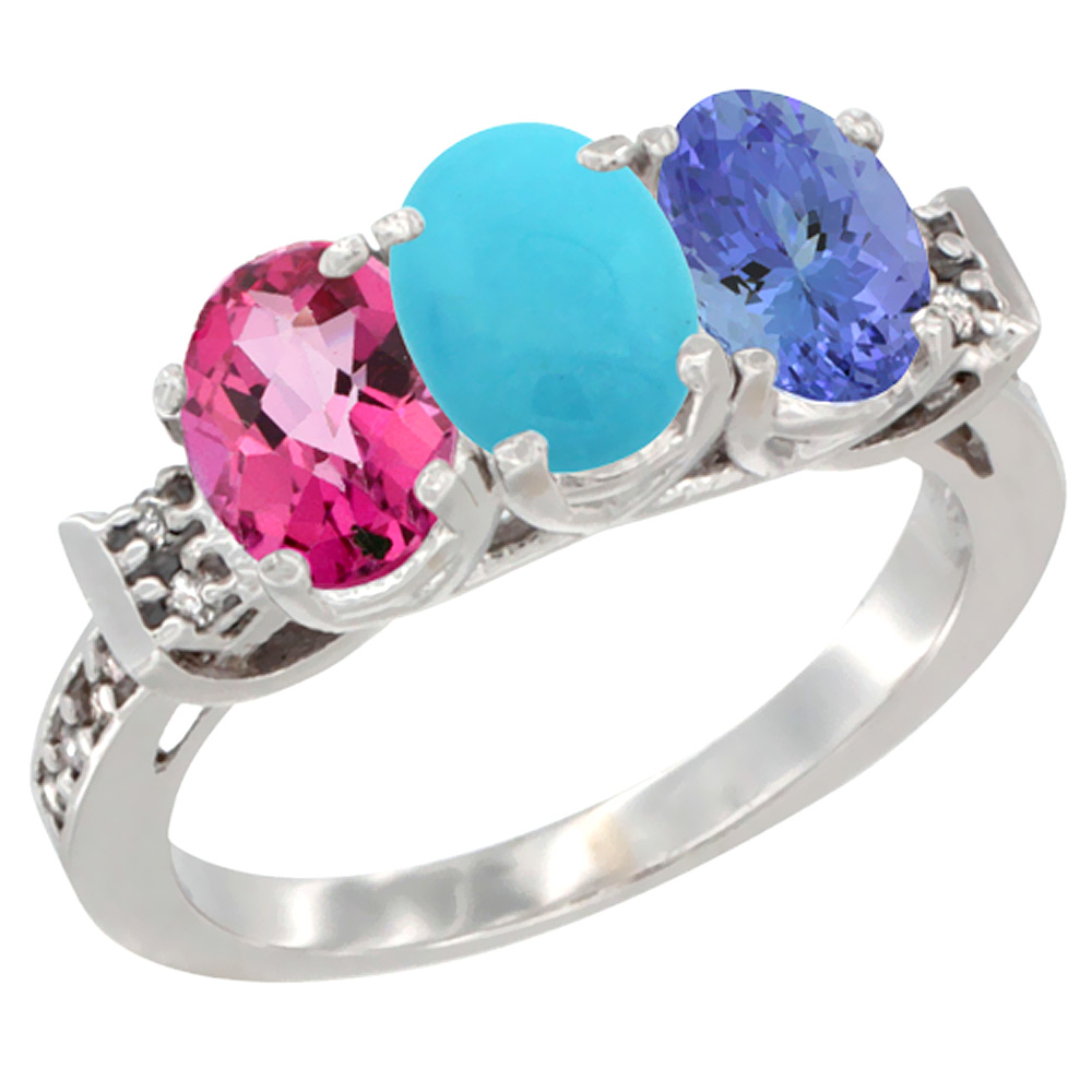 10K White Gold Natural Pink Topaz, Turquoise & Tanzanite Ring 3-Stone Oval 7x5 mm Diamond Accent, sizes 5 - 10