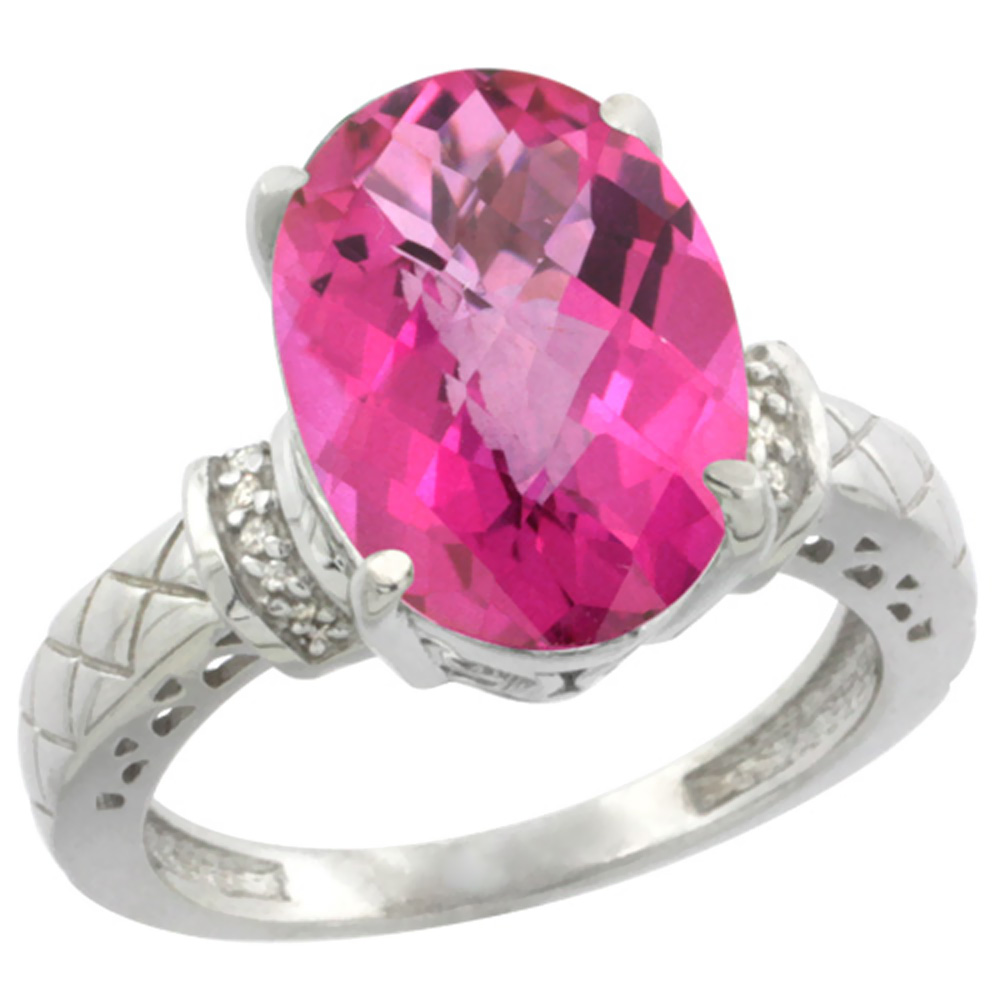 10K White Gold Diamond Natural Pink Topaz Ring Oval 14x10mm, sizes 5-10