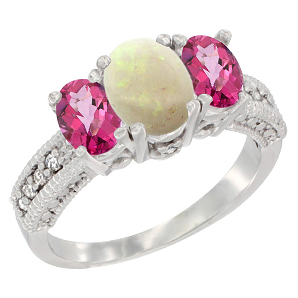 10K White Gold Diamond Natural Opal Ring Oval 3-stone with Pink Topaz, sizes 5 - 10