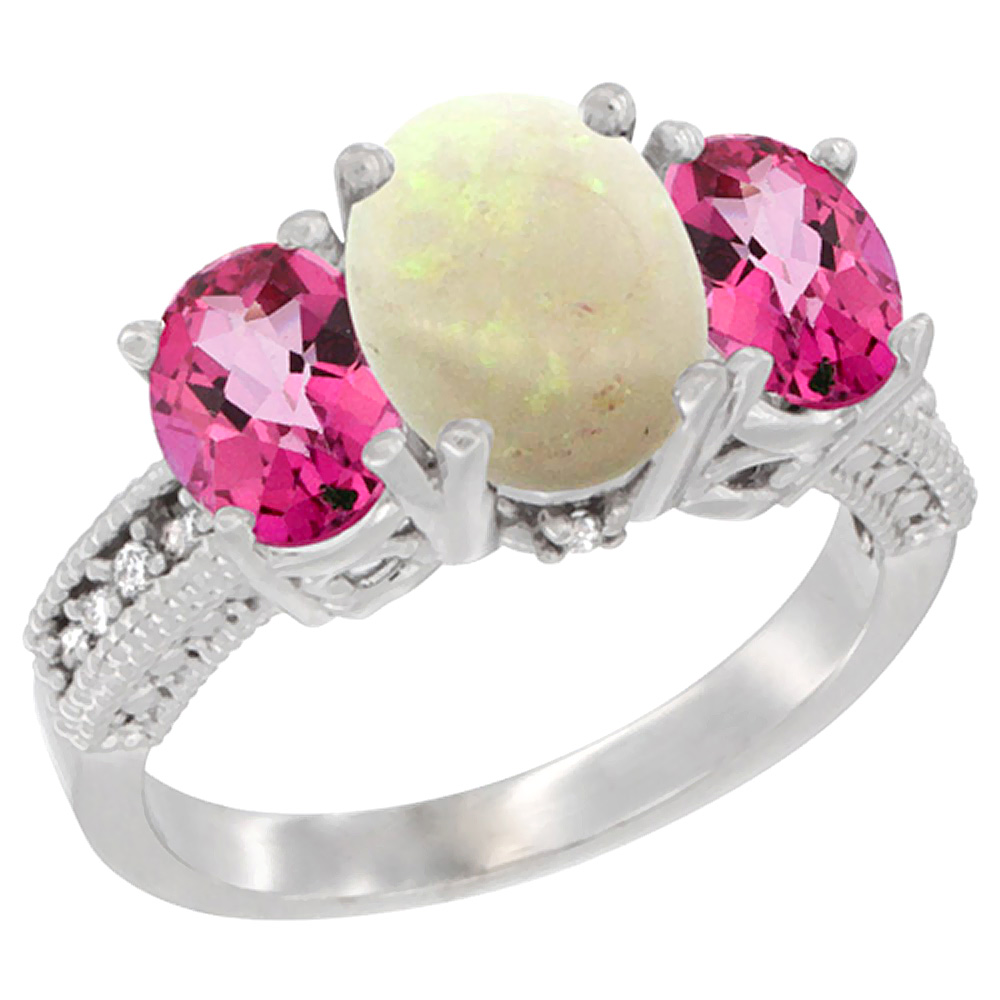 10K White Gold Diamond Natural Opal Ring 3-Stone Oval 8x6mm with Pink Topaz, sizes5-10
