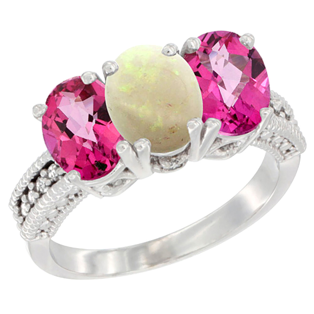 14K White Gold Natural Opal &amp; Pink Topaz Ring 3-Stone 7x5 mm Oval Diamond Accent, sizes 5 - 10