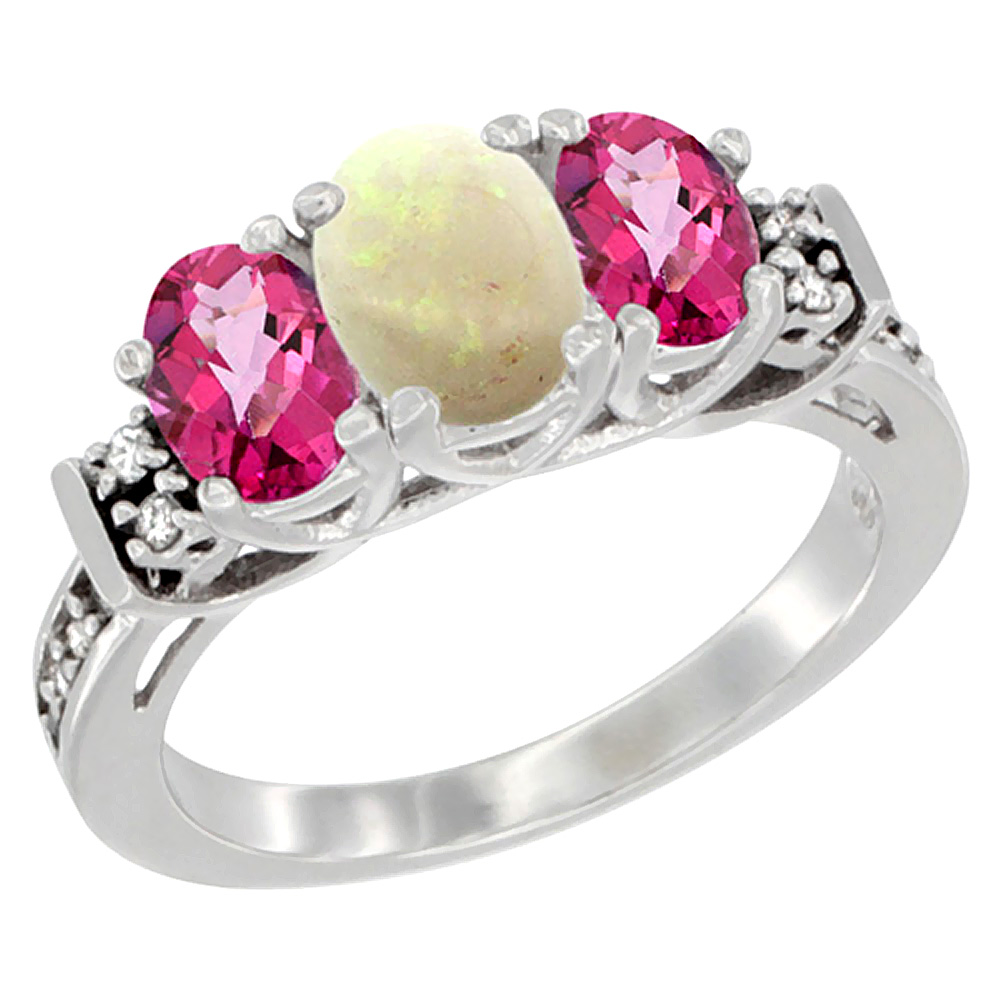 14K White Gold Natural Opal & Pink Topaz Ring 3-Stone Oval Diamond Accent, sizes 5-10