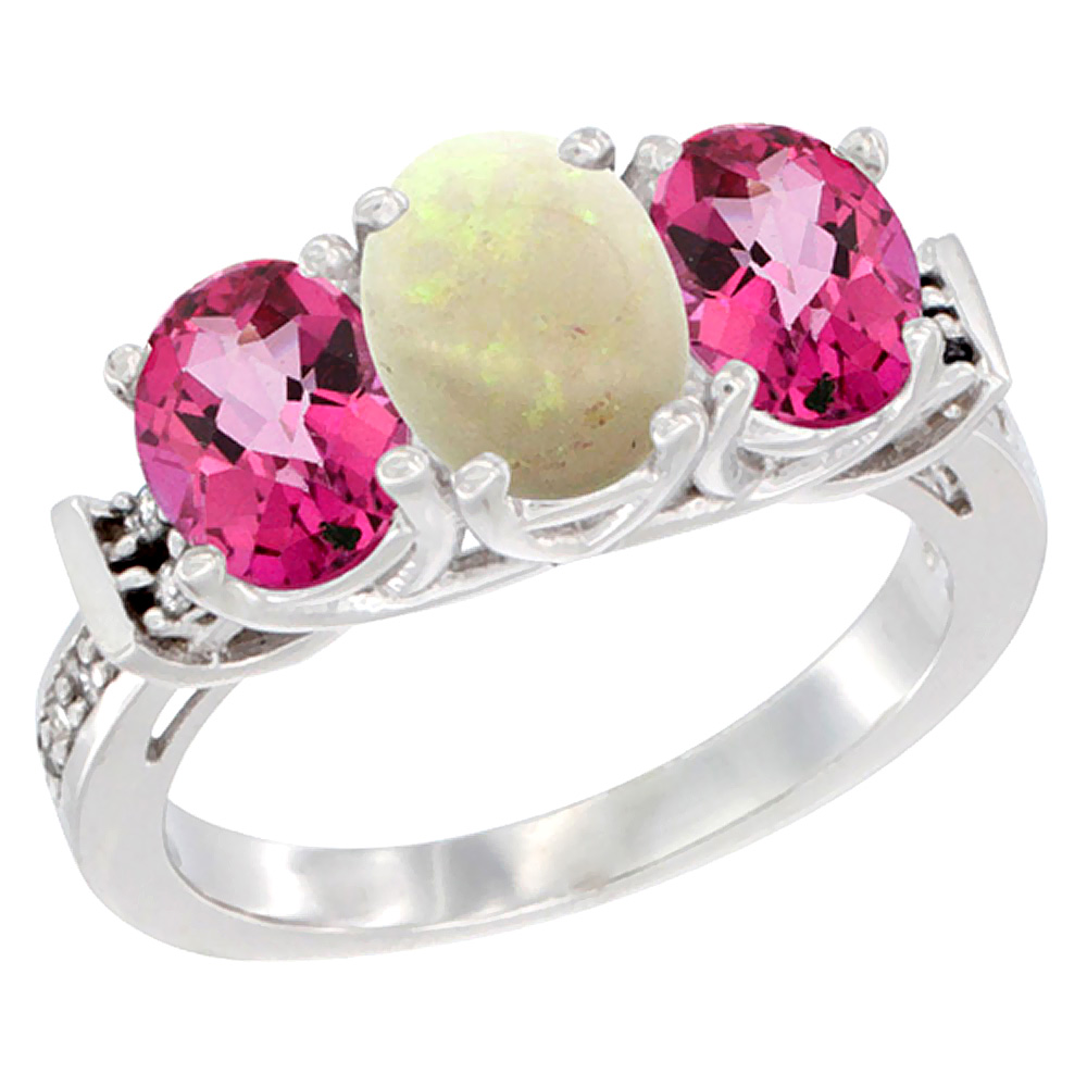 10K White Gold Natural Opal & Pink Topaz Sides Ring 3-Stone Oval Diamond Accent, sizes 5 - 10
