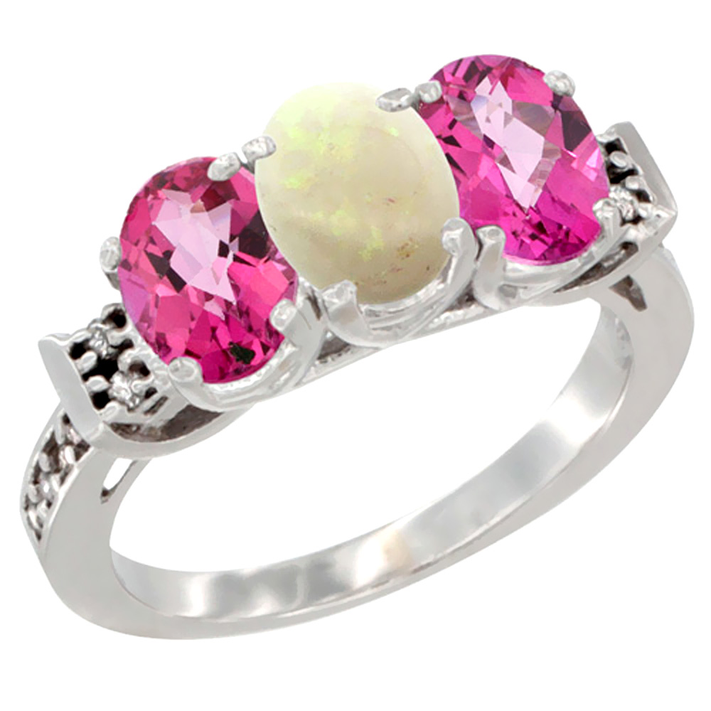 10K White Gold Natural Opal &amp; Pink Topaz Sides Ring 3-Stone Oval 7x5 mm Diamond Accent, sizes 5 - 10