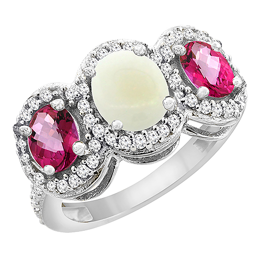 10K White Gold Natural Opal & Pink Topaz 3-Stone Ring Oval Diamond Accent, sizes 5 - 10