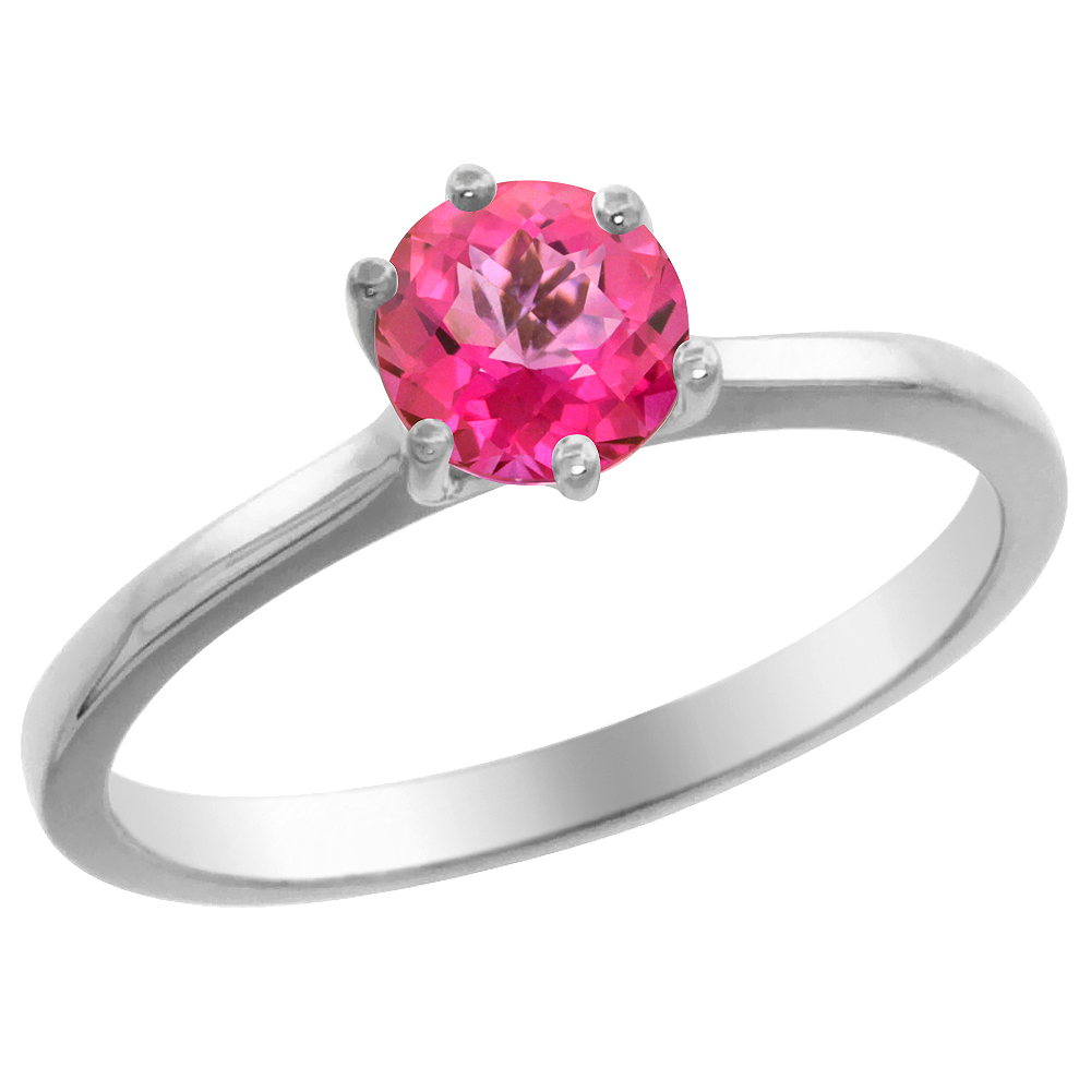 14K White Gold Natural Pink Topaz Solitaire Ring Round 6mm, sizes 5 - 10