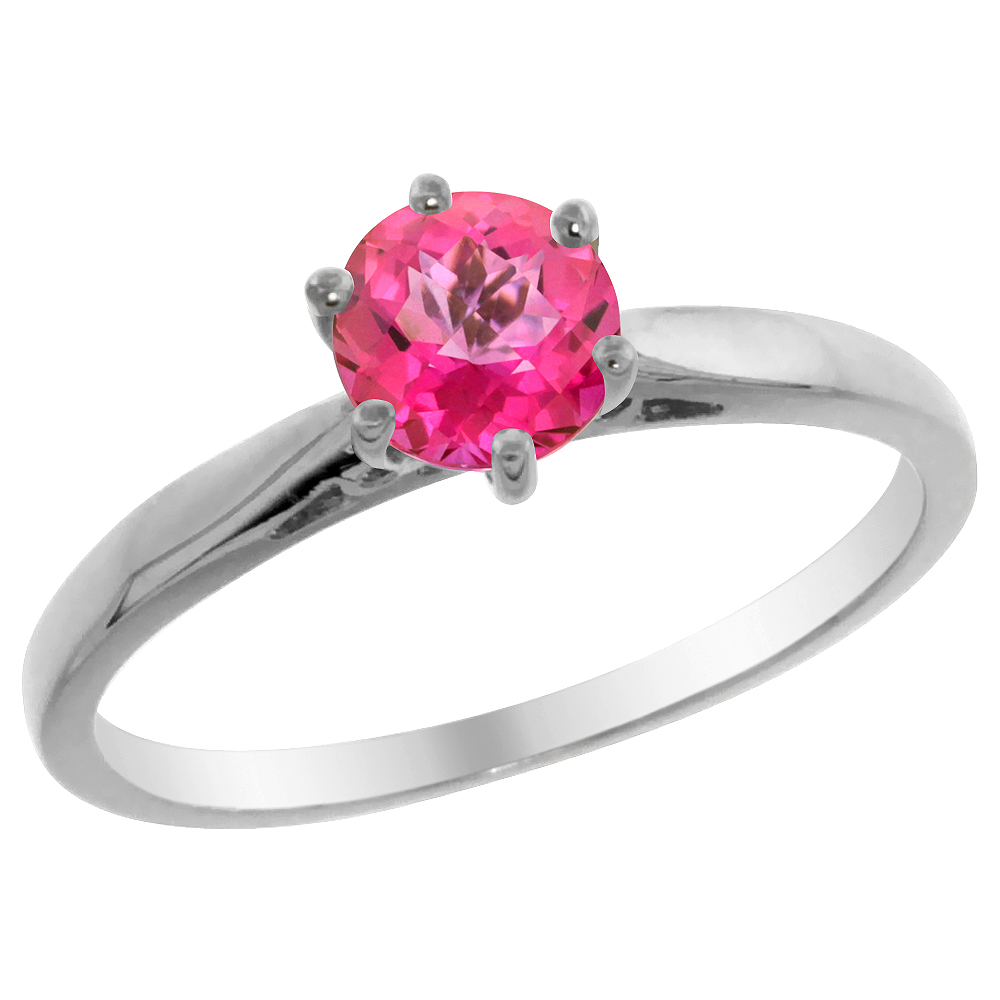 14K White Gold Natural Pink Topaz Solitaire Ring Round 5mm, sizes 5 - 10