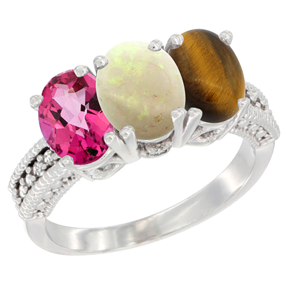 14K White Gold Natural Pink Topaz, Opal &amp; Tiger Eye Ring 3-Stone 7x5 mm Oval Diamond Accent, sizes 5 - 10