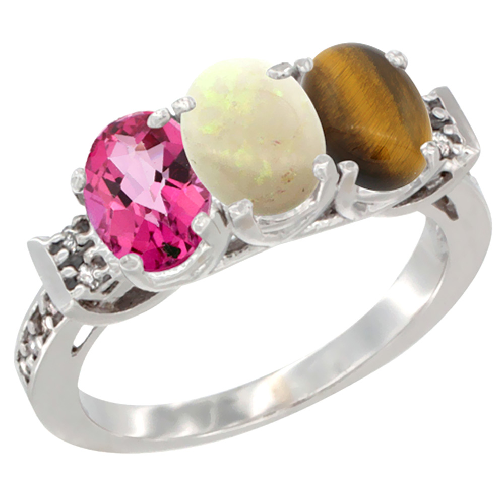 14K White Gold Natural Pink Topaz, Opal &amp; Tiger Eye Ring 3-Stone Oval 7x5 mm Diamond Accent, sizes 5 - 10
