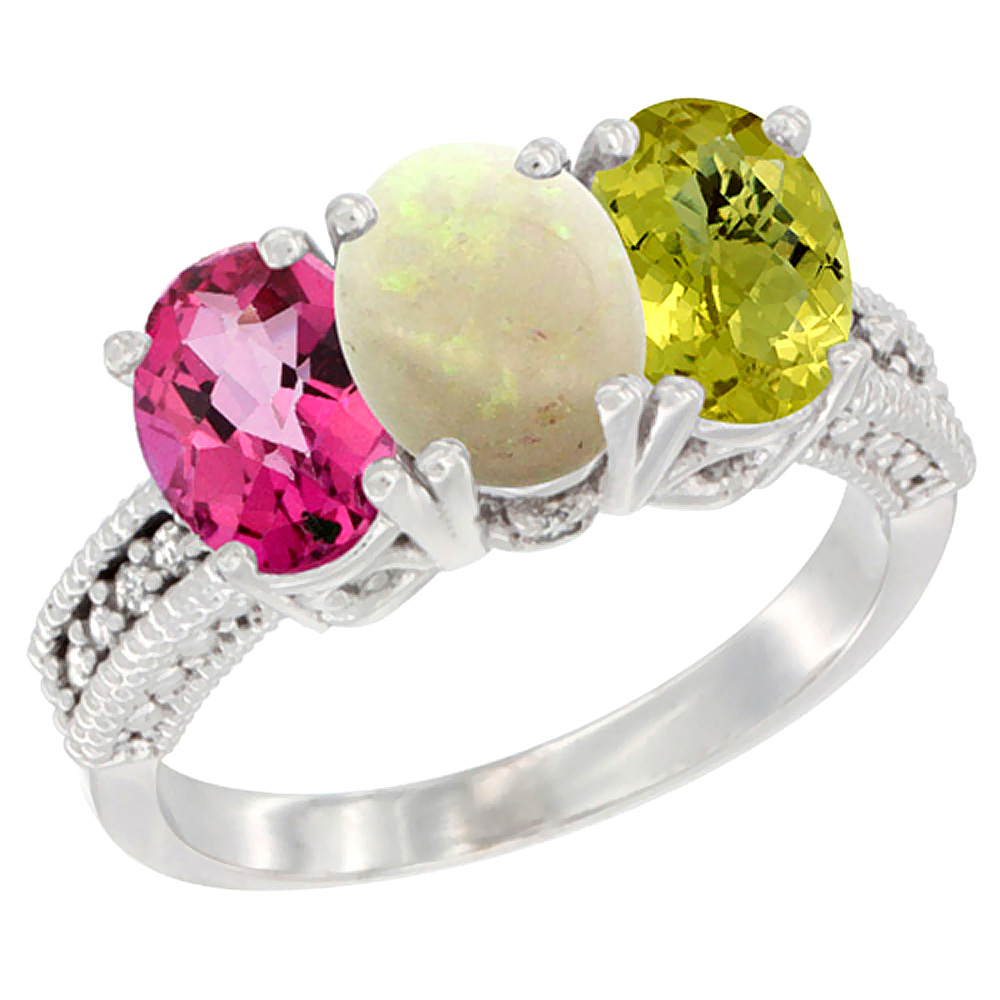 14K White Gold Natural Pink Topaz, Opal &amp; Lemon Quartz Ring 3-Stone 7x5 mm Oval Diamond Accent, sizes 5 - 10