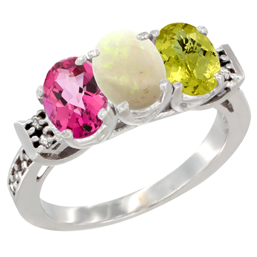 14K White Gold Natural Pink Topaz, Opal & Lemon Quartz Ring 3-Stone Oval 7x5 mm Diamond Accent, sizes 5 - 10