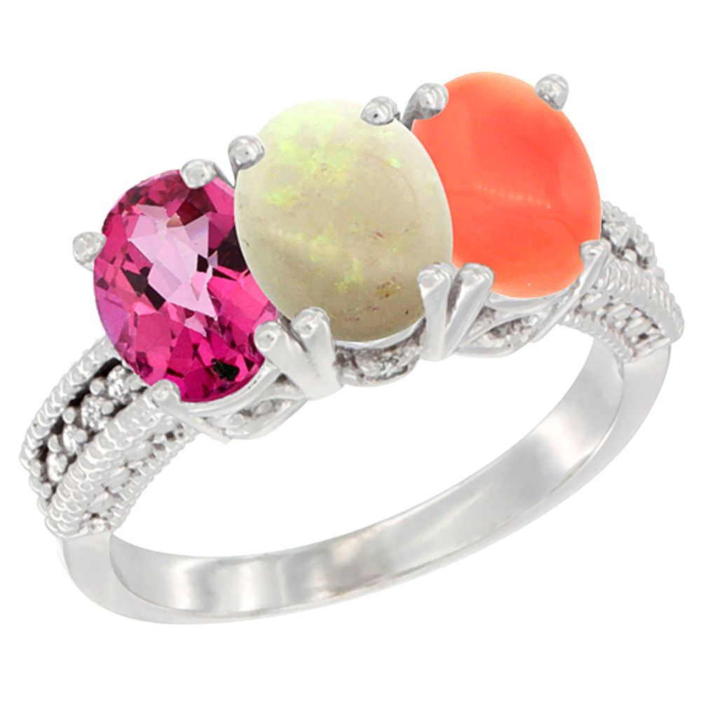 10K White Gold Natural Pink Topaz, Opal &amp; Coral Ring 3-Stone Oval 7x5 mm Diamond Accent, sizes 5 - 10