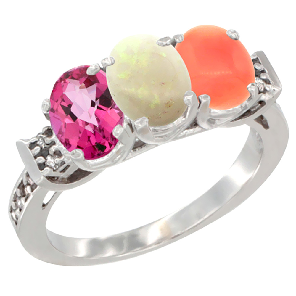 14K White Gold Natural Pink Topaz, Opal & Coral Ring 3-Stone Oval 7x5 mm Diamond Accent, sizes 5 - 10