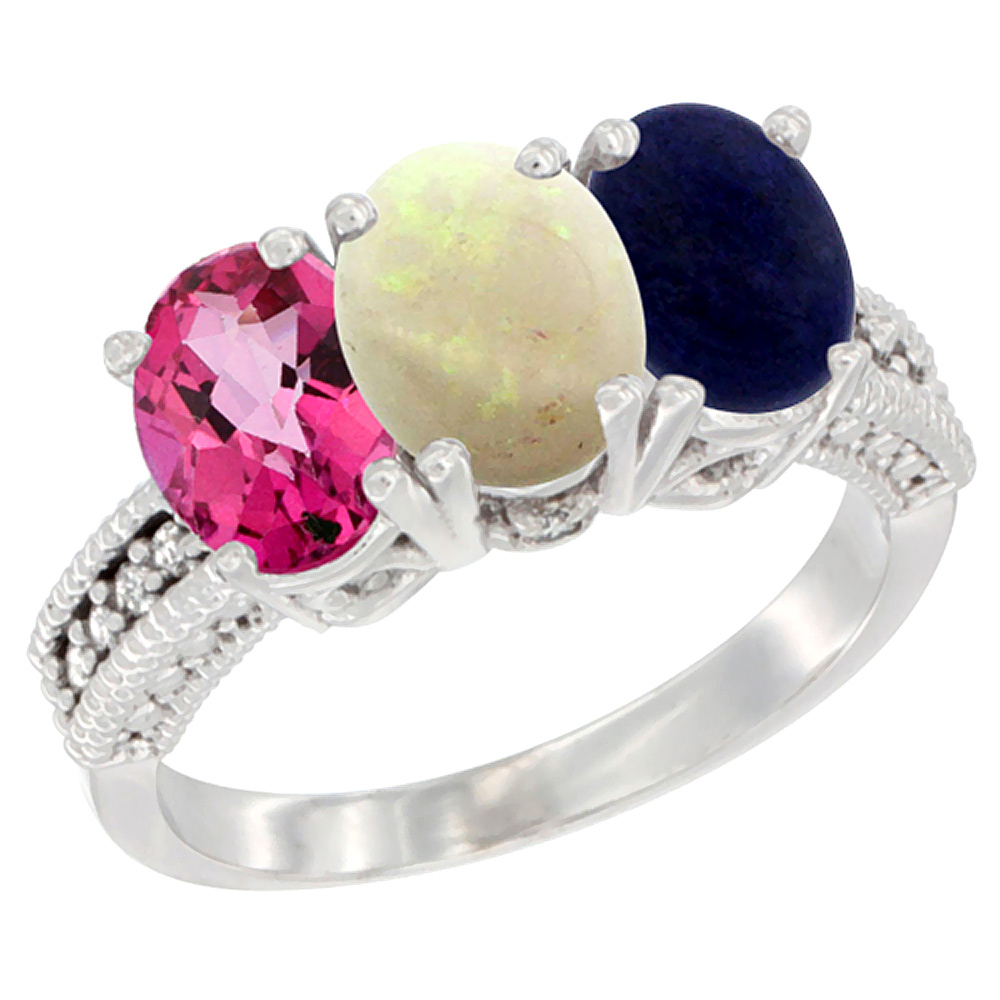 10K White Gold Natural Pink Topaz, Opal & Lapis Ring 3-Stone Oval 7x5 mm Diamond Accent, sizes 5 - 10