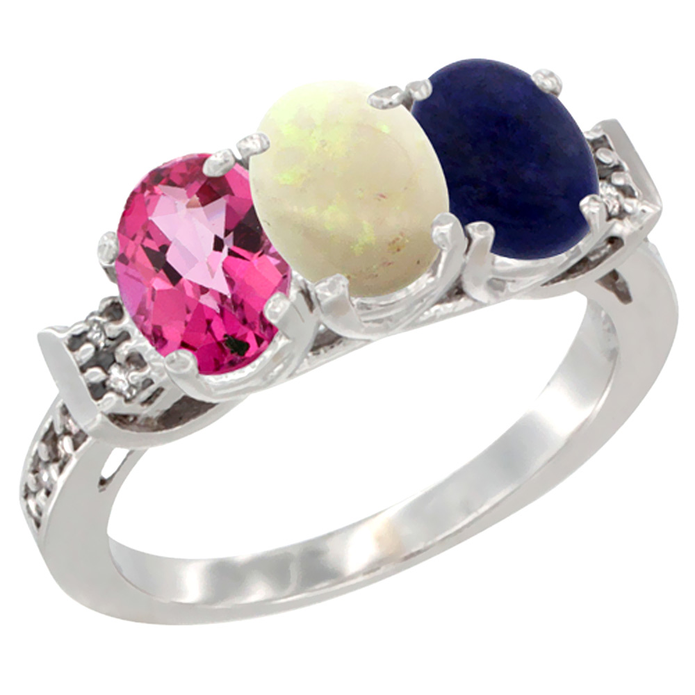 14K White Gold Natural Pink Topaz, Opal &amp; Lapis Ring 3-Stone Oval 7x5 mm Diamond Accent, sizes 5 - 10