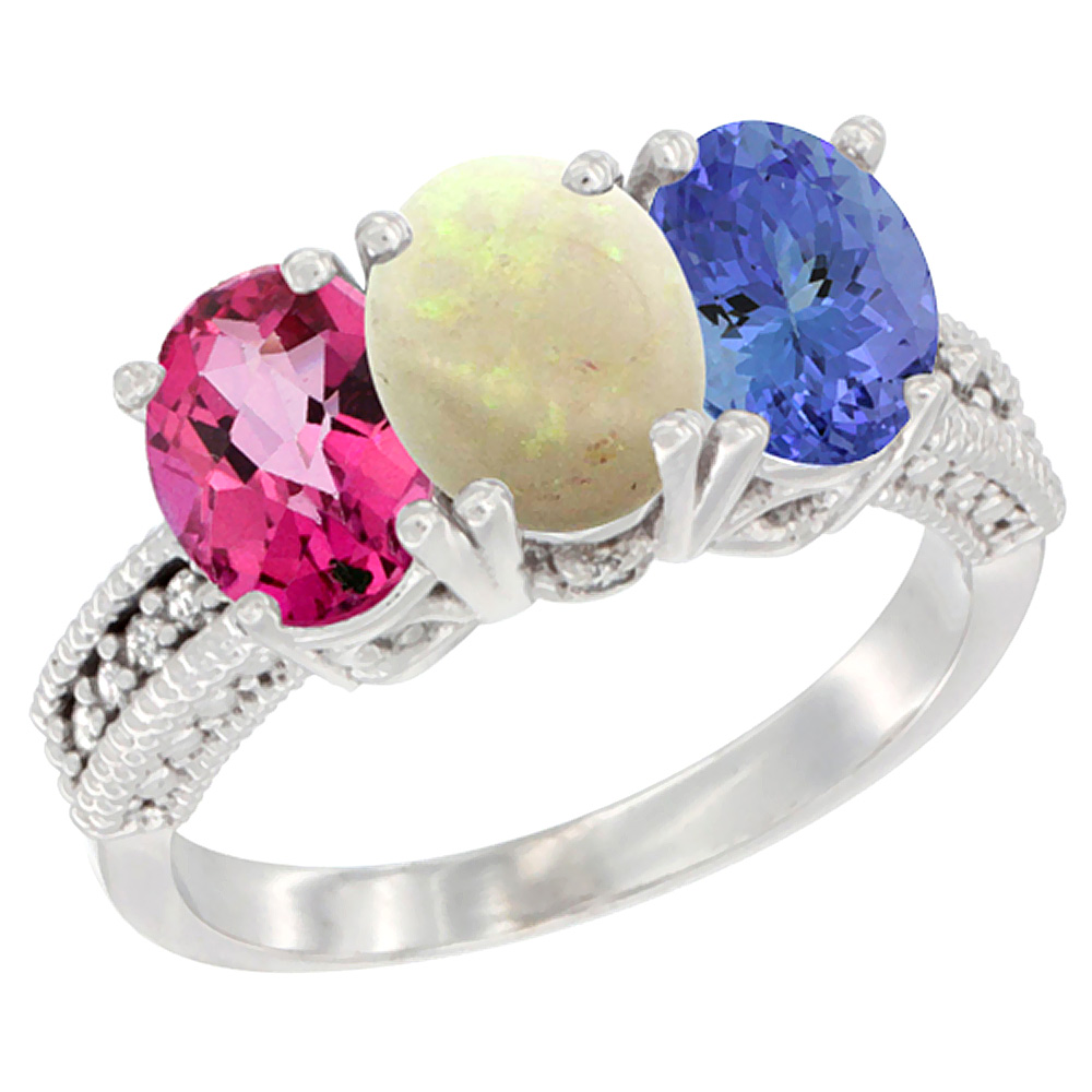 10K White Gold Natural Pink Topaz, Opal &amp; Tanzanite Ring 3-Stone Oval 7x5 mm Diamond Accent, sizes 5 - 10
