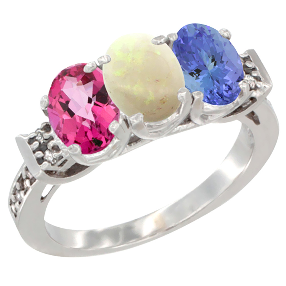 14K White Gold Natural Pink Topaz, Opal &amp; Tanzanite Ring 3-Stone Oval 7x5 mm Diamond Accent, sizes 5 - 10