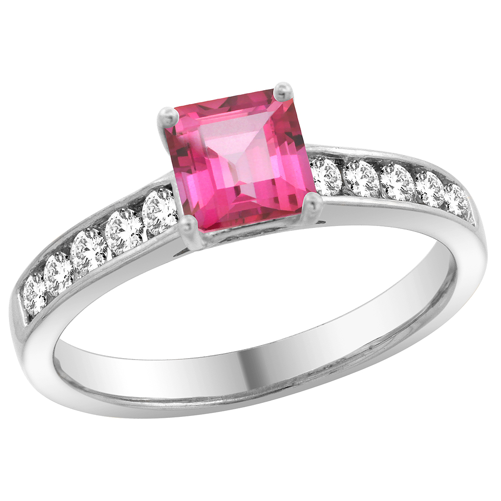 14K White Gold Natural Pink Topaz Engagement Ring Princess cut 5mm, sizes 5 - 10